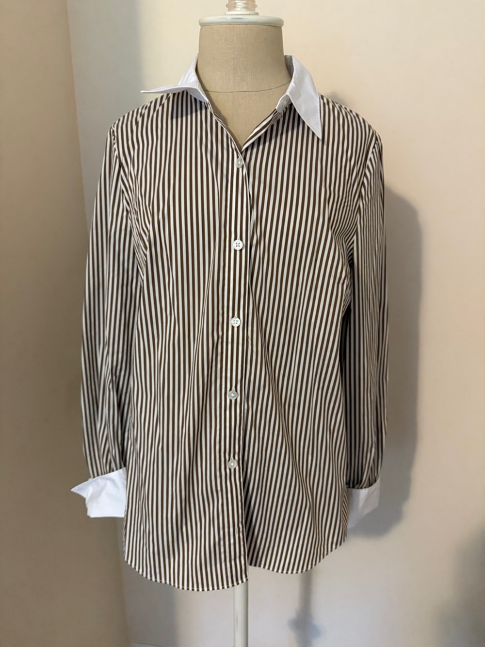 Veronica Beard Brown and White Striped Button-Up Blouse